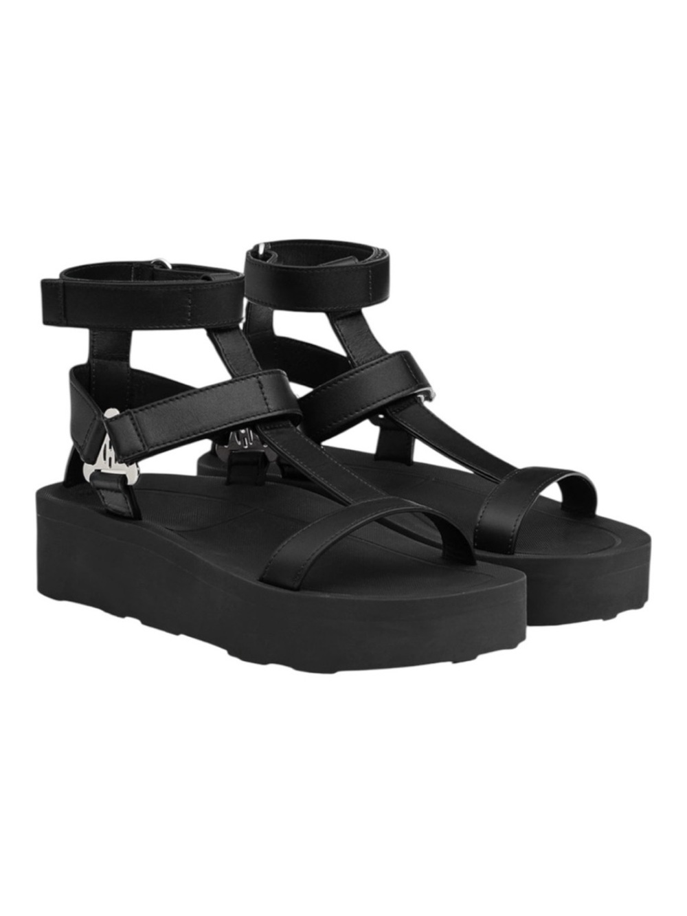 Hermes Enid Black Platform Strappy Ankle-Wrap Sandals